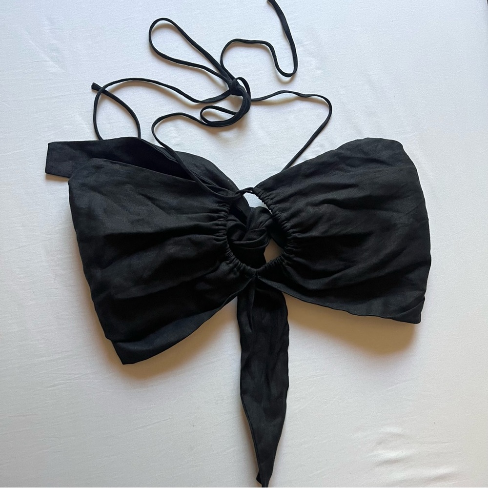 TROIS‎ THE LABEL black linen cutout tie halter neck strapless crop top